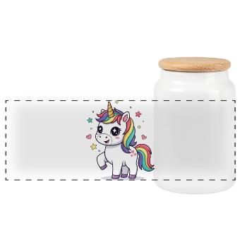 Playful unicorn with rainbow mane - Panoramic Cookie Jar with Wooden Lid - white - Front