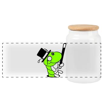Caterpillar Sir Mr. Rich Monocle Glasses Cylinder Hole - Panoramic Cookie Jar with Wooden Lid - white - Front