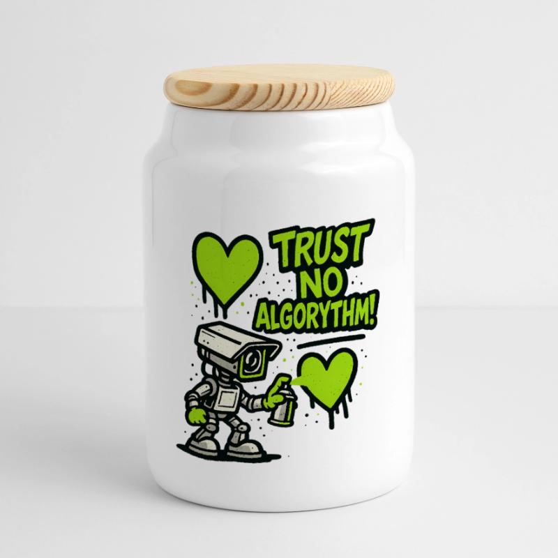 Robot with heart and anti-algorithm message Panoramic Cookie Jar with Wooden Lid