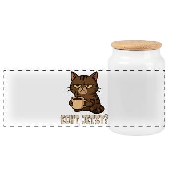 Mürrischer Katzen-Design mit Kaffeetasse - Panoramic Cookie Jar with Wooden Lid - white - Front