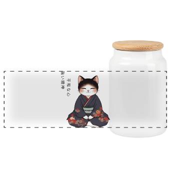 Chat animé en kimono – Méditation zen au Japon - Boîte à biscuits avec couvercle en bois - blanc - Devant