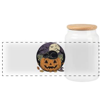 Black Cat Sleeping on Jack-o Lantern | Halloween  - Panoramic Cookie Jar with Wooden Lid - white - Front