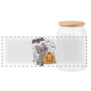 Motif Halloween Kawaii Chat Citrouille Fantômes - Boîte à biscuits avec couvercle en bois - blanc - Devant