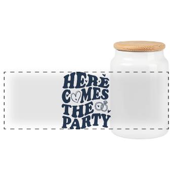 Here Comes the Party – Hochzeit - Panorama Keksdose mit Holzdeckel - Weiß - Vorne