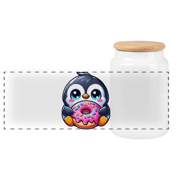 Cute Penguin Cartoon Donut Dessert Pastry - Panoramic Cookie Jar with Wooden Lid - white - Front