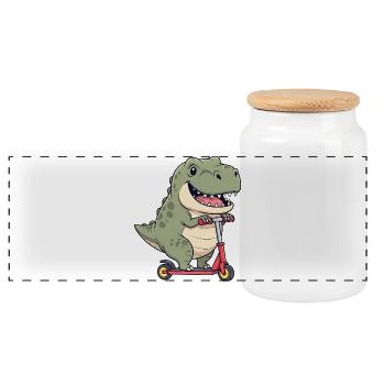 Cute Dino T-Rex Cartoon Scooter Scooter Joy - Panoramic Cookie Jar with Wooden Lid - white - Front