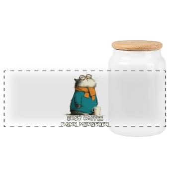 First coffee, then people Cat - Panoramic Cookie Jar with Wooden Lid - white - Front