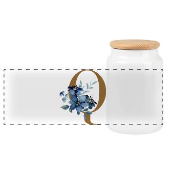 Floral Q – Golden letter with flowers - Panoramic Cookie Jar with Wooden Lid - white - Front