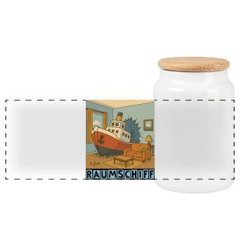 Spaceship by Rico Beck - Panoramic Cookie Jar with Wooden Lid - white - Front