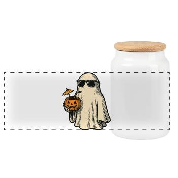Cool Halloween Ghost with Cocktail - Panoramic Cookie Jar with Wooden Lid - white - Front