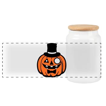 Vornehmer Kürbis Zylinder Monokel Halloween reich - Panorama Keksdose mit Holzdeckel - Weiß - Vorne