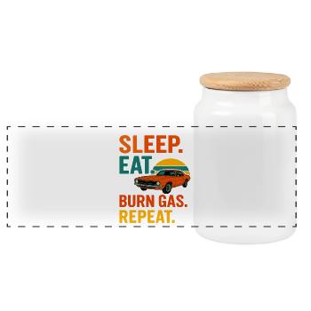 Sleep Eat Burn Gas Repeat  - Panoramic Cookie Jar with Wooden Lid - white - Front