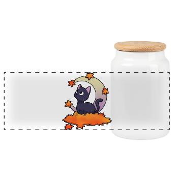 Black cat under autumn moon - Panoramic Cookie Jar with Wooden Lid - white - Front