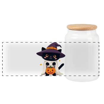 Chat d’Halloween avec citrouille d’Halloween - Boîte à biscuits avec couvercle en bois - blanc - Devant