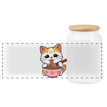 Cat Eats Ramen Noodles - Panoramic Cookie Jar with Wooden Lid - white - Front