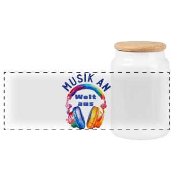Music On - World Off - Headphones - Musician Gift - Panoramic Cookie Jar with Wooden Lid - white - Front