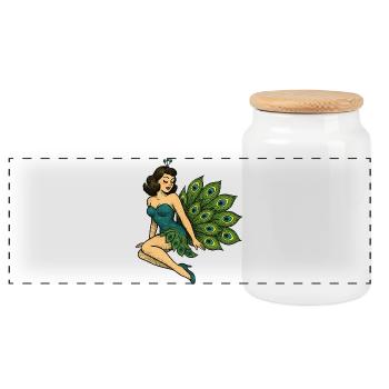 Pfau Pinup in Vintage Blau - Panorama Keksdose mit Holzdeckel - Weiß - Vorne