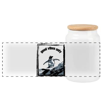 Pinguin Surfbrett Kunstdruck - Panorama Keksdose mit Holzdeckel - Weiß - Vorne