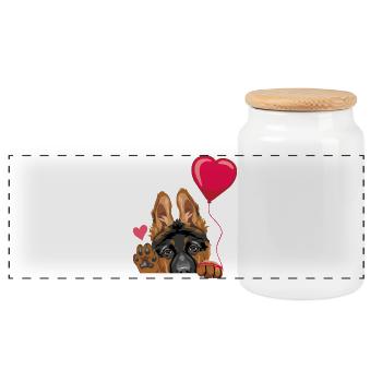 Waving German Shepherd puppy dog with a balloon - Panoramic Cookie Jar with Wooden Lid - white - Front