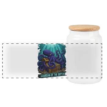 Deep Sea Guardian Octopus Treasure - Panoramic Cookie Jar with Wooden Lid - white - Front