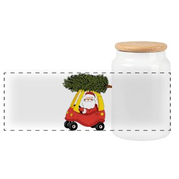 Der Weihnachtsmann trägt einen Weihnachtsbaum - Panorama Keksdose mit Holzdeckel - Weiß - Vorne