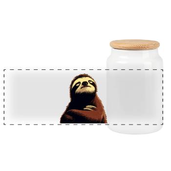 Zen Sloth Serenity Motif - Panoramic Cookie Jar with Wooden Lid - white - Front
