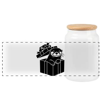 Otter in gift box Christmas motif - Panoramic Cookie Jar with Wooden Lid - white - Front