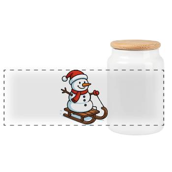 Schneemann auf Schlitten Weihnachtszauber - Panorama Keksdose mit Holzdeckel - Weiß - Vorne