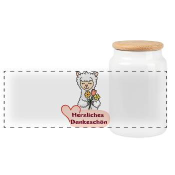 Flower alpaca: Thank you very much - Panoramic Cookie Jar with Wooden Lid - white - Front