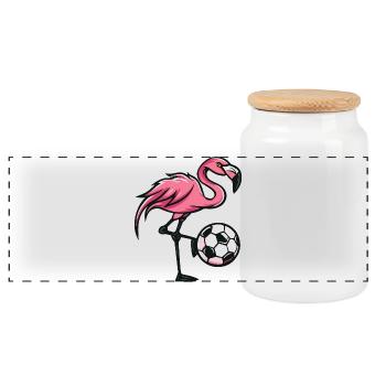 Flamingo Fußball Comic - Panorama Keksdose mit Holzdeckel - Weiß - Vorne