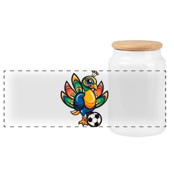 Colorful Soccer Turkey Peacock - Panoramic Cookie Jar with Wooden Lid - white - Front