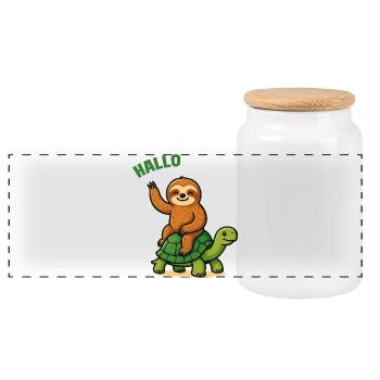 Hello sloth on turtle - Panoramic Cookie Jar with Wooden Lid - white - Front