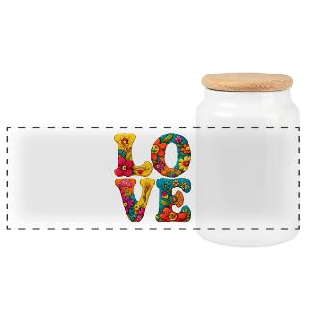 Flowers LOVE font motif - Panoramic Cookie Jar with Wooden Lid - white - Front
