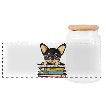 Cute Chihuahua Dog Reading Book with Glasses - Panoramic Cookie Jar with Wooden Lid - white - Front