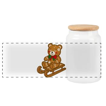 Süßer Lebkuchen-Teddy auf nostalgischem Schlitten - Panorama Keksdose mit Holzdeckel - Weiß - Vorne