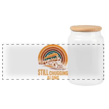 Retro Steam Train Locomotive Railfan - Panoramic Cookie Jar with Wooden Lid - white - Front