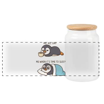 Lustiger Cartoon Pinguin Kaffeeliebhaber  - Panorama Keksdose mit Holzdeckel - Weiß - Vorne