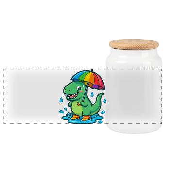 Dino with colorful rainbow umbrella - Panoramic Cookie Jar with Wooden Lid - white - Front