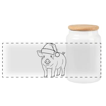 Pig with Santa Hat Illustration - Panoramic Cookie Jar with Wooden Lid - white - Front