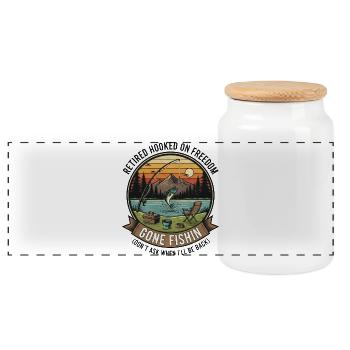 Retired Fishing Senior Fishing Freedom Sayings - Panoramic Cookie Jar with Wooden Lid - white - Front