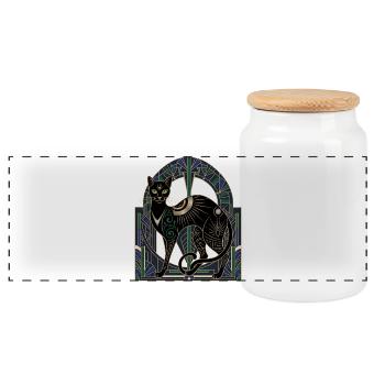 Night Cat Art Deco Stained Glass Window - Panoramic Cookie Jar with Wooden Lid - white - Front