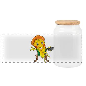 Cartoon slice of pizza takes orders - Panoramic Cookie Jar with Wooden Lid - white - Front