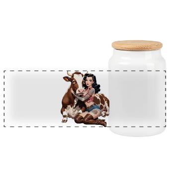 Pinup-Bauernfrau mit Tattoo und Kuh - Panorama Keksdose mit Holzdeckel - Weiß - Vorne