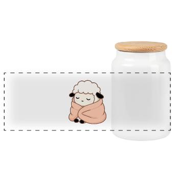Mouton endormi – Illustration mignonne et douillette - Boîte à biscuits avec couvercle en bois - blanc - Devant