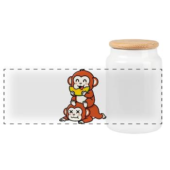 Cheeky Monkey Eating Watermelon on Friend - Panoramic Cookie Jar with Wooden Lid - white - Front