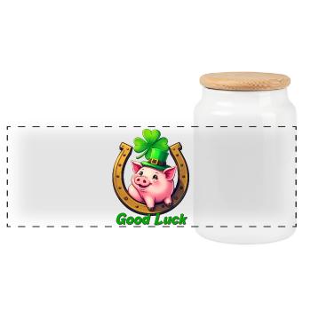 Lucky Pig with Shamrock - Panoramic Cookie Jar with Wooden Lid - white - Front