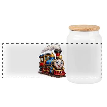 Cheerful cartoon steam locomotive with face - Panoramic Cookie Jar with Wooden Lid - white - Front