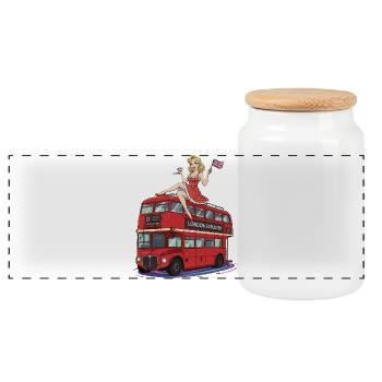 Pin-up sur le bus londonien rouge - Boîte à biscuits avec couvercle en bois - blanc - Devant