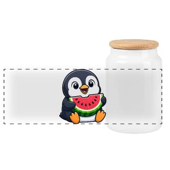 Funny Penguin with Melon Summer Fruit Cartoon - Panoramic Cookie Jar with Wooden Lid - white - Front
