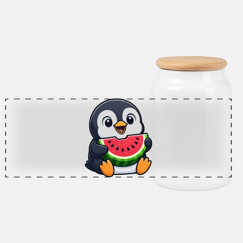 Lustiger Pinguin mit Melone Sommerfrucht Cartoon - Panorama Keksdose mit Holzdeckel - Weiß